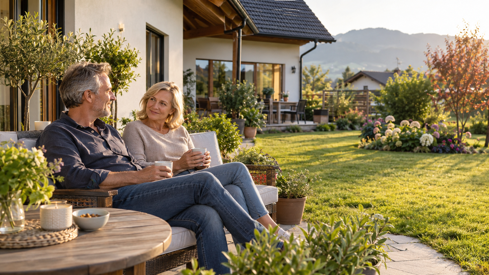Ein Paar betrachtet gemeinsam Haus und Garten, die sie zu zweit bewohnen