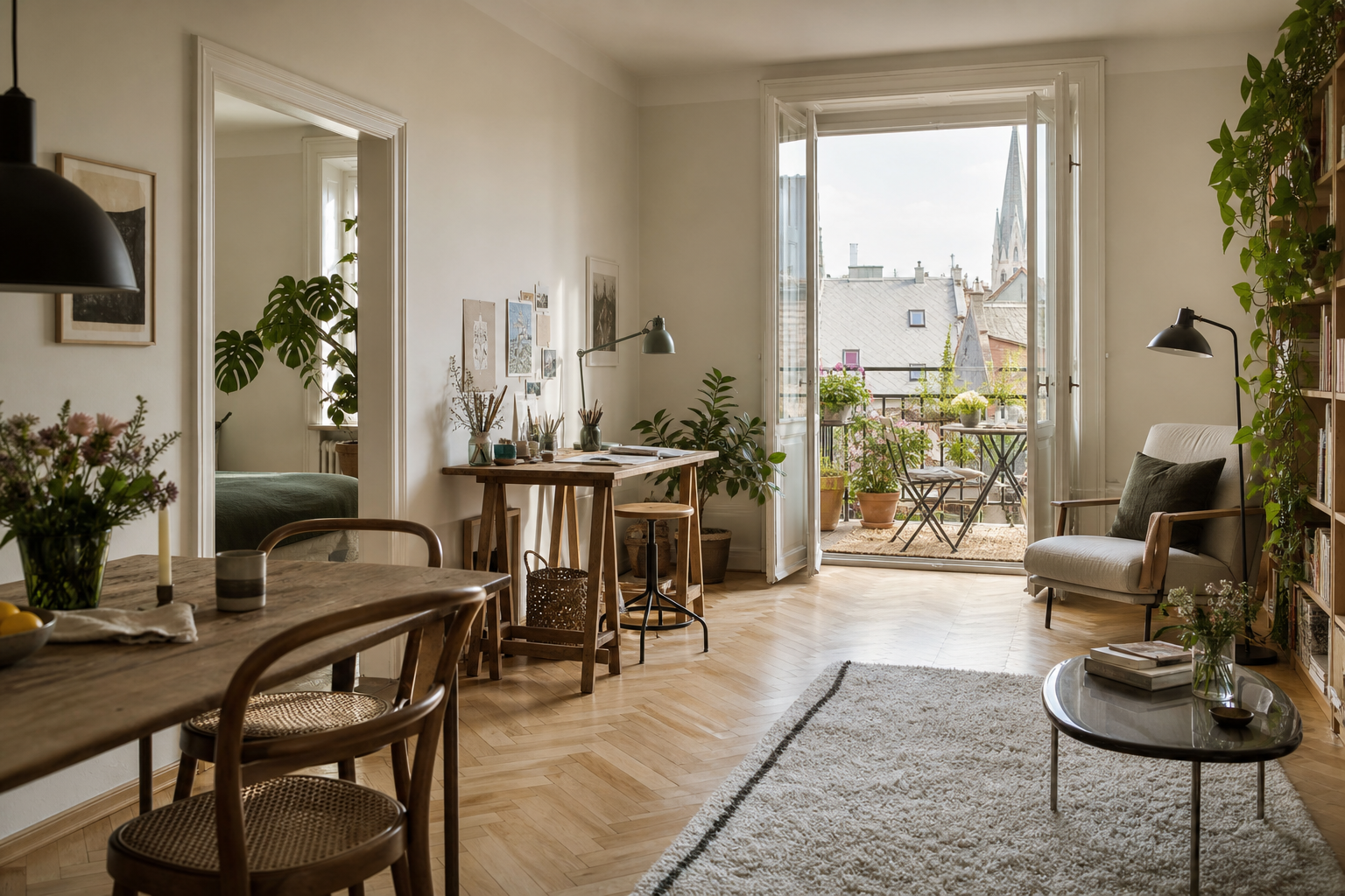 Helle kompakte Wohnung mit Arbeitsbereich und Balkon für zwei Menschen